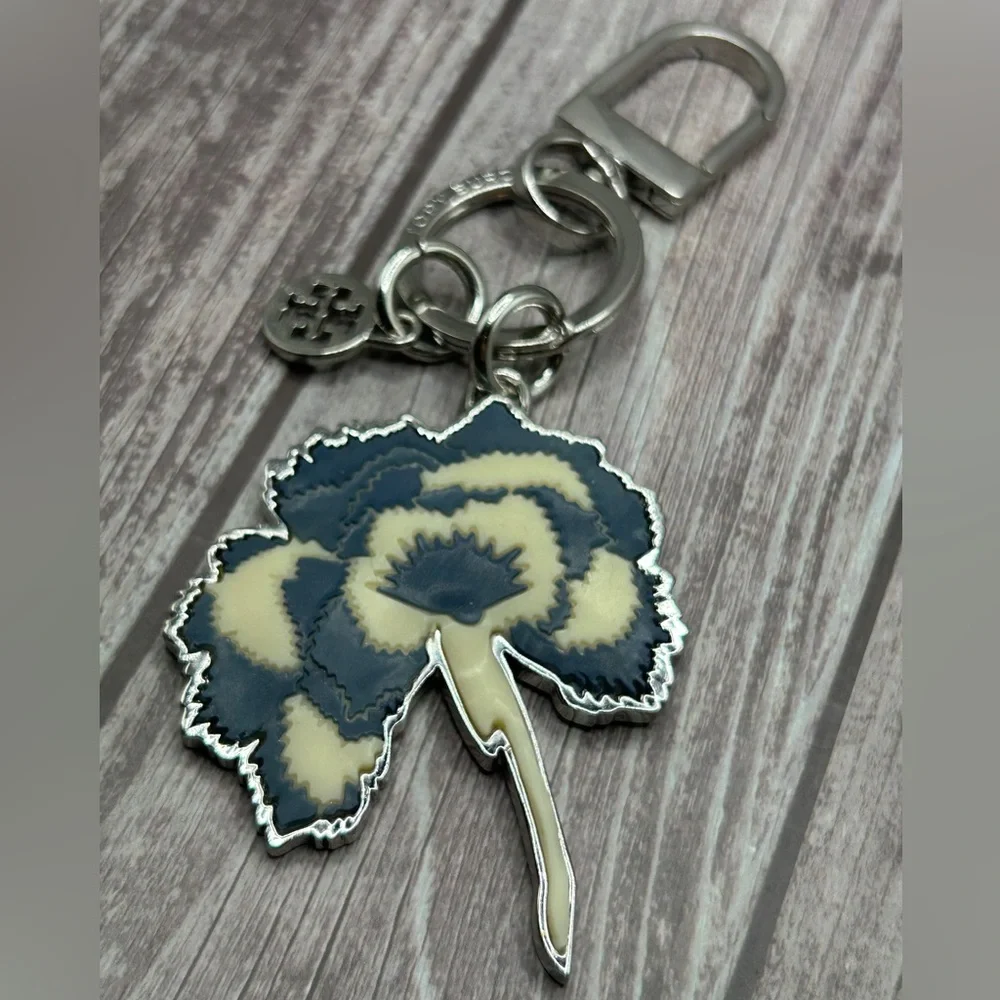 TORY BURCH Carnation Enamel Bag Charm/ Keychain Blue White Silver